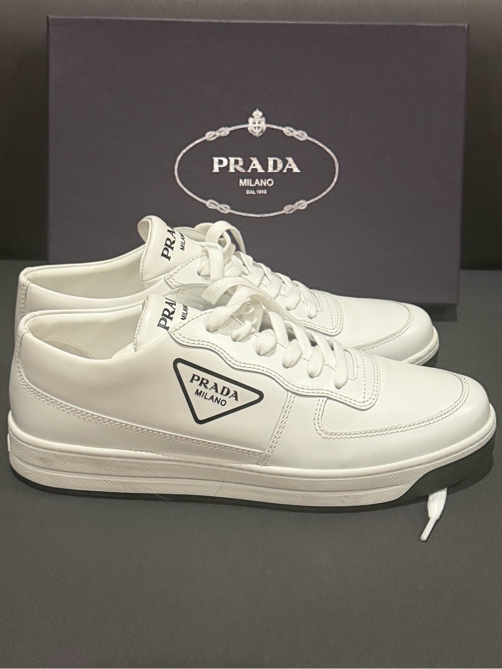 Prada White Leather Low-Top Sneakers with Logo Patch womens sneakers - Picture 4 of 16
